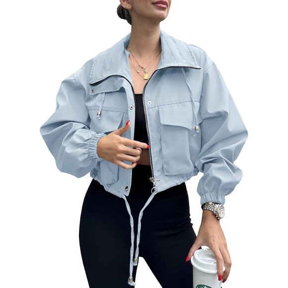 Womens Blue Tankaneo Cropped Jacket Zip Up Oversized Utility Anorak Coat - Picture 1 of 4